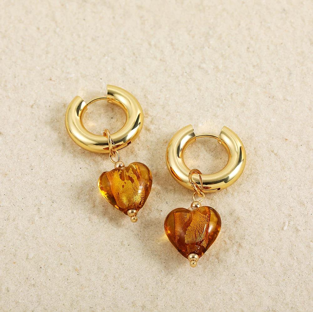Colorful Glass Heart-shaped Pedant Drop Earrings For Women Stainless Steel Round Circle Hoop Hanging Earring Minimalist Jewelry