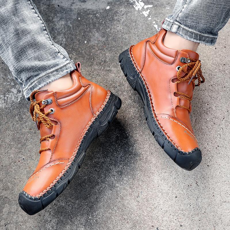 Autumn high-top men's shoes casual leather shoes leather large size breathable outdoor sports hiking shoes men's soft sole Korean version