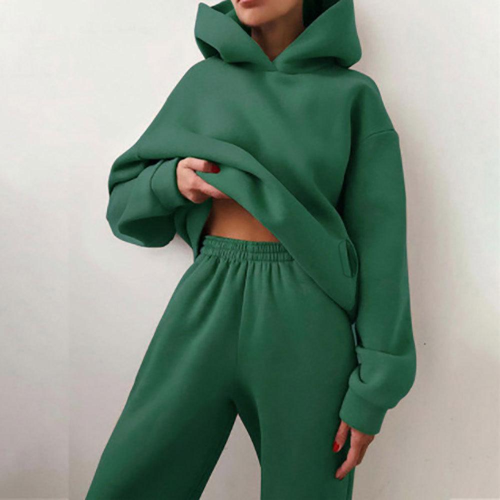 2026 cross-border foreign trade women's clothing, new spring models in Europe, America, solid color casual sports style hooded sweater trousers set