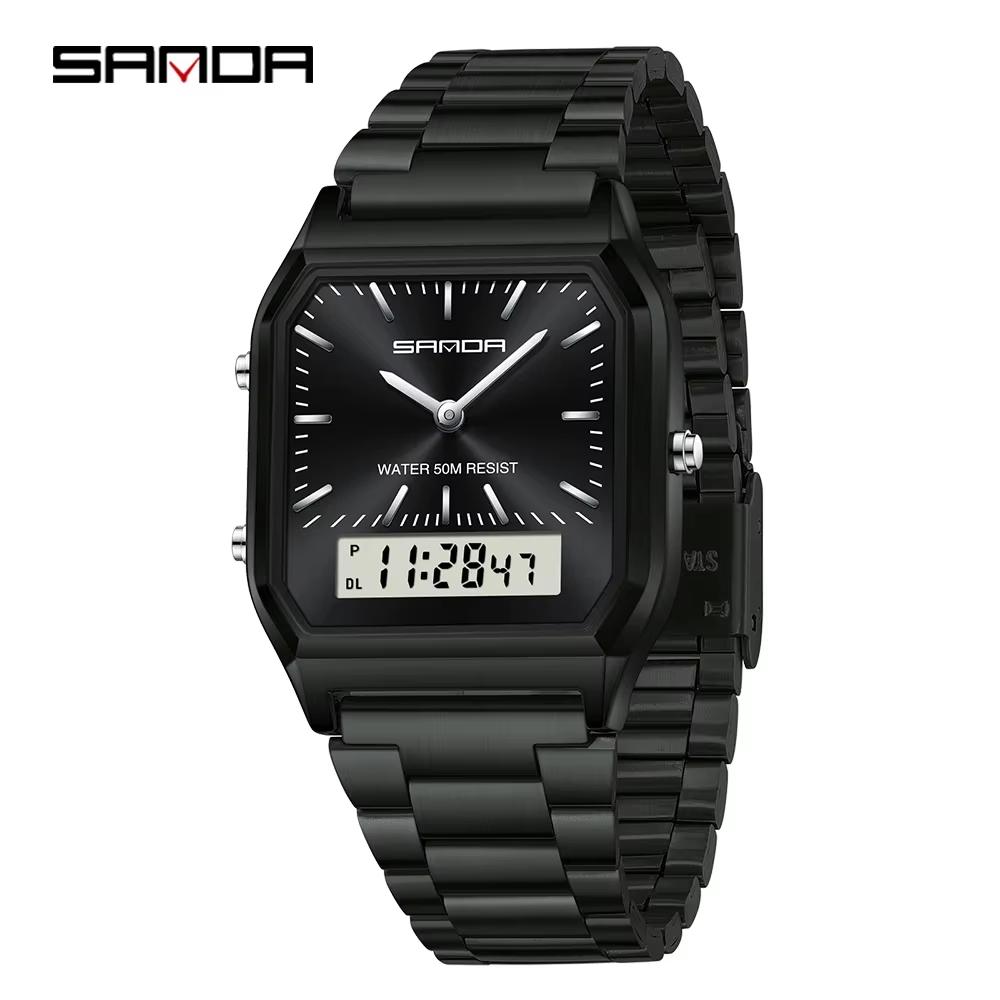 SANDA 747 Quartz Digital 5bar Waterproof Casual Fashion Unisex Watch Stainless Steel Strap Square Dial Men's Electronic Watches
