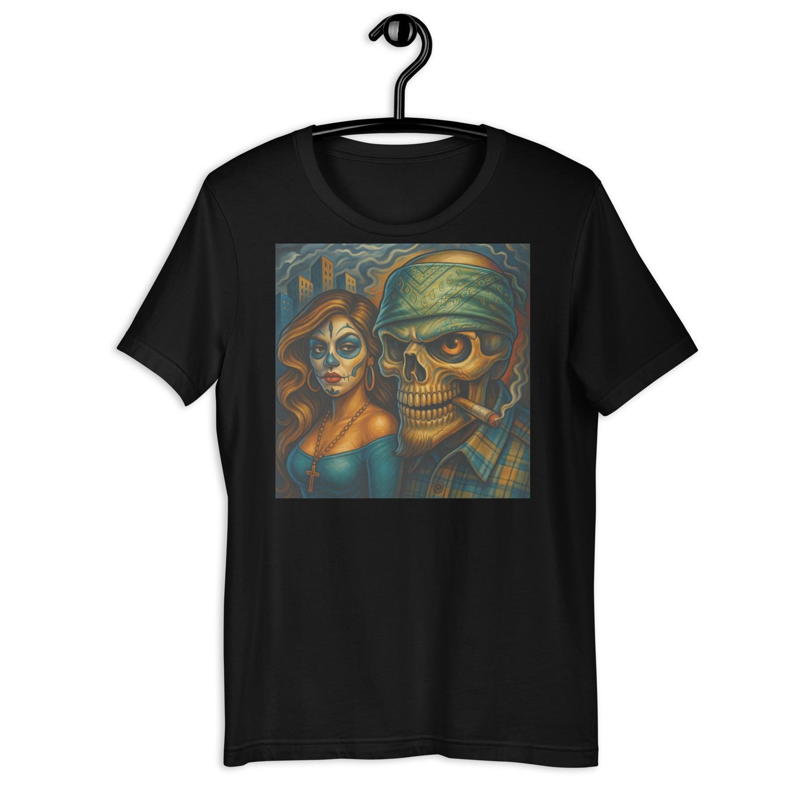 Chicano Skull Couple Day of the Dead Lowrider Street Art T-Shirt Design! S