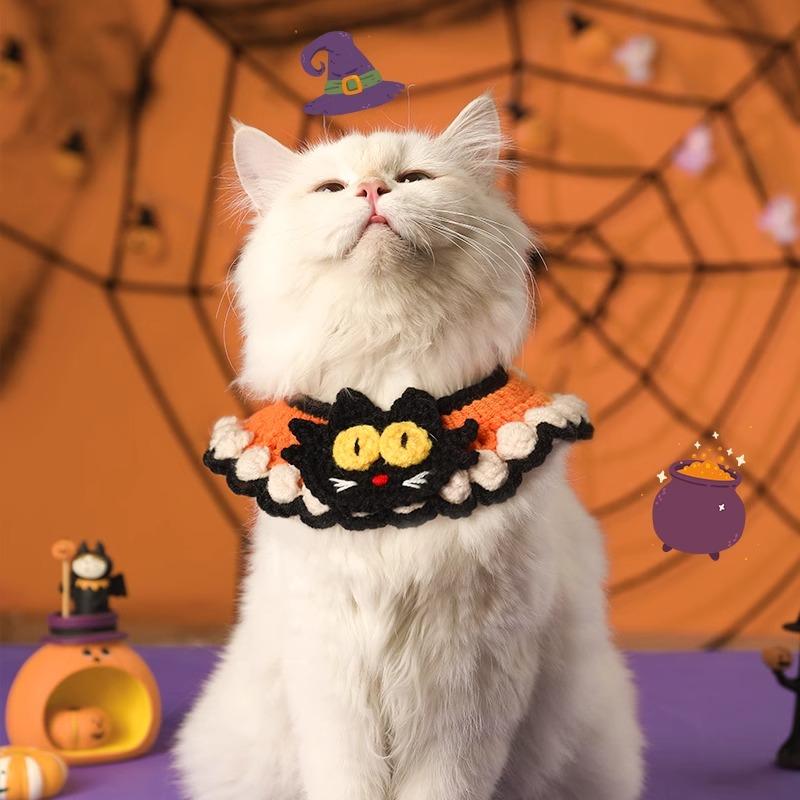 Halloween Pet Collar Crochet Dog Cat Scarf Cute Pet Handmade Woven Skull Pumpkin Collar Halloween Pet Cosplay Costume Decor