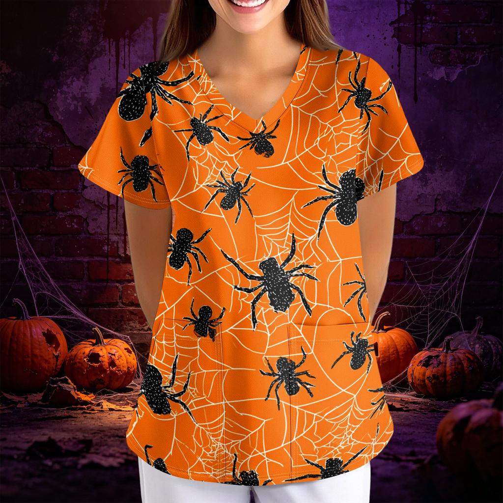 Women's Halloween Print Loose V-Neck Short Sleeve Pocket Uniform Top Scrub Costume Cosplay for Adult Women