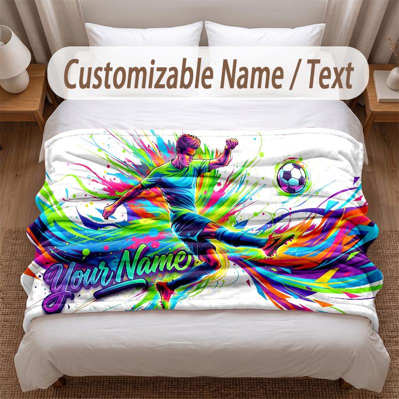 Soccer Theme Soft Blanket Personalized Custom Name Text Print Warm Blanket Home Sofa Bedroom Decor