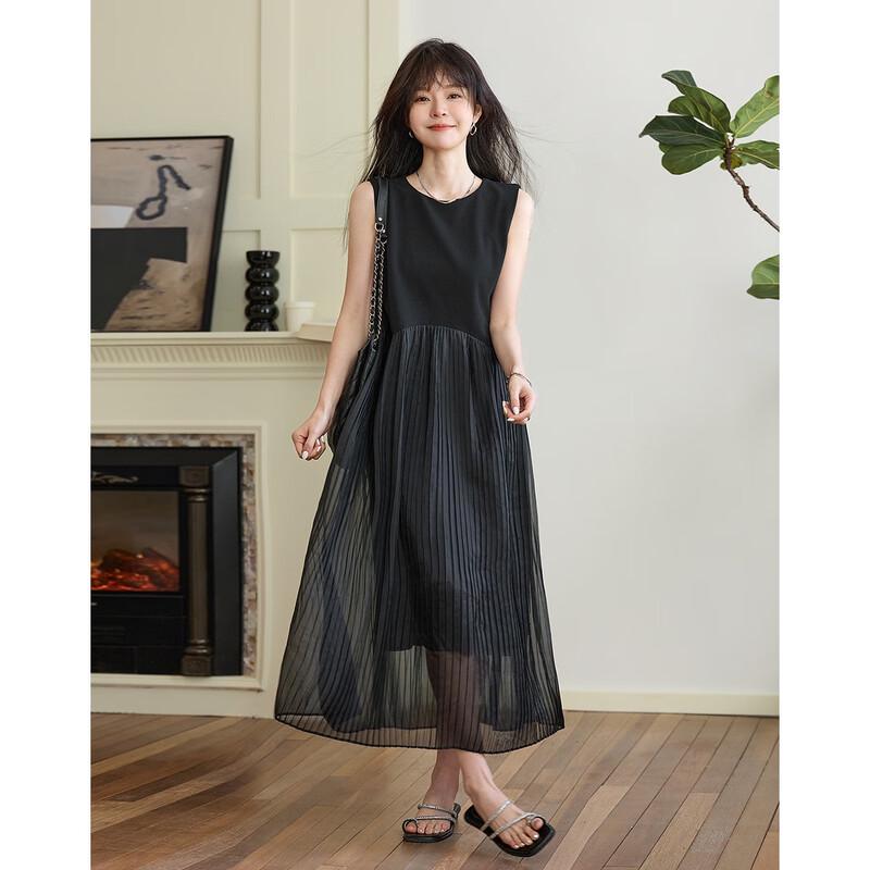 Elegant Sleeveless Pleated Tea Dress with Irregular Waistline M
