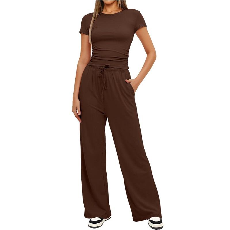 Women's 2 Piece Outfit Short Sleeve T-Shirt Wide Leg Pants Casual Tracksuit