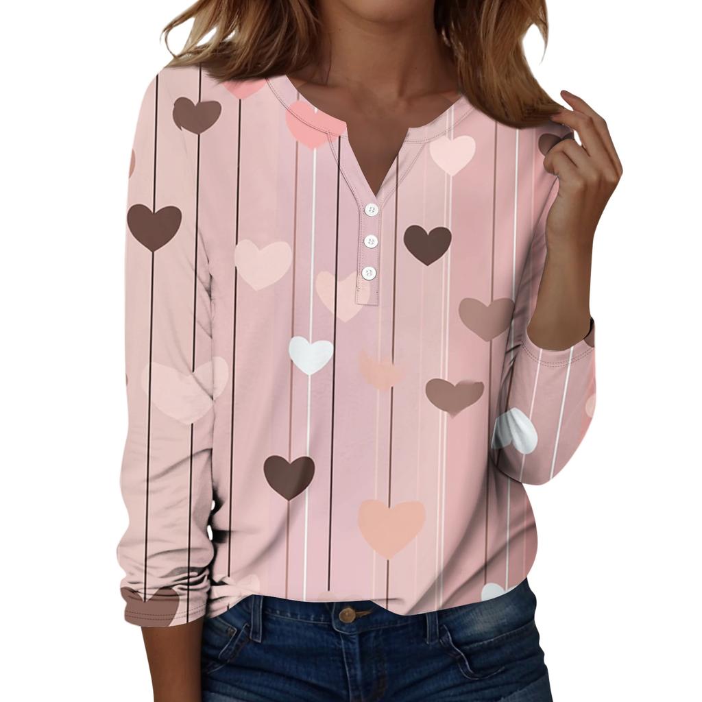 Damen T-Shirt mit Weihnachtsdruck, Knopfleiste, lange Ärmel, für den Alltag, Wochenende, modisch, Basic, V-Ausschnitt, normales Oberteil