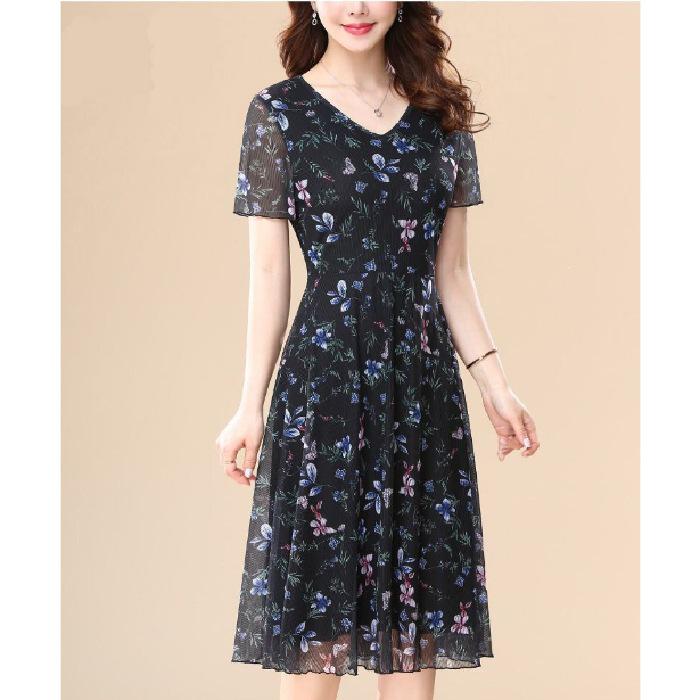 

Summer Elegant Korean Style Plus Size Midi Dress with Short Sleeves for Middle-Aged Women M