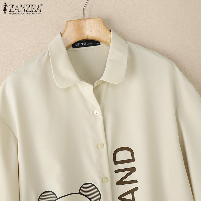 ZANZEA Women Turn Down Collar Summer Casual Short Sleeve Print Blouse