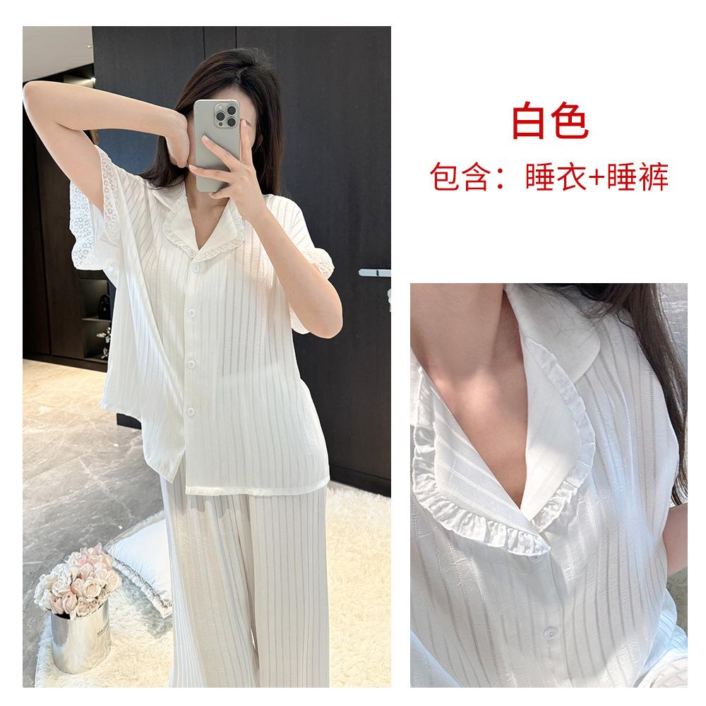 Acetate forging short-sleeved trousers pajamas set, women's summer can wear satin ice silk loungewear, high-end lace pajamas