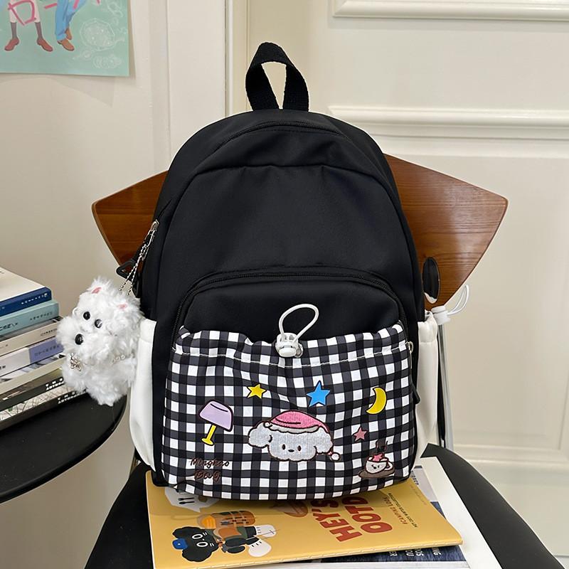 Cute Girls Canvas Backpack With Dog Star Moon Desk Lamp Checkered Pattern For Campus And Travel Use чёрный