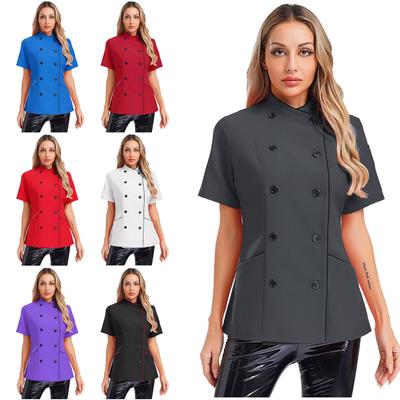 Women Chef Jacket Short Sleeve Cross Over Collar Double Breasted Design Kitchen Restaurant Professional Coat