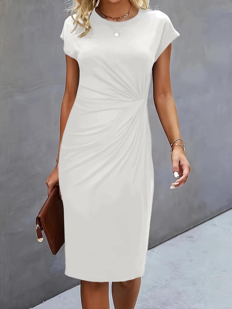 Women's Casual Bodycon Midi Dress with Front Knot and Round Neck