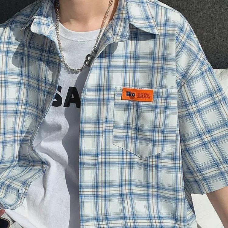 Herrskjorta Retro Gul Rutig Smal Passform Kortärmad - College Stil, Japansk-inspirerad