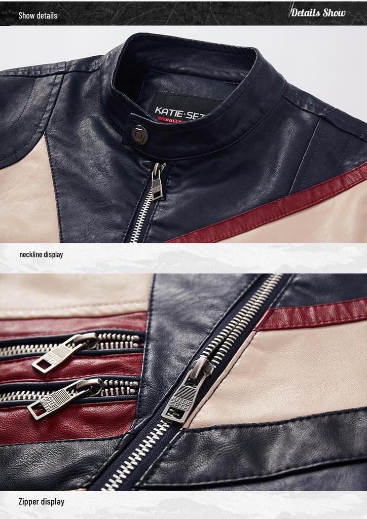 Men's Cross-Border Fashion Slim Fit Motorcycle Jacket with Patchwork & Zipper