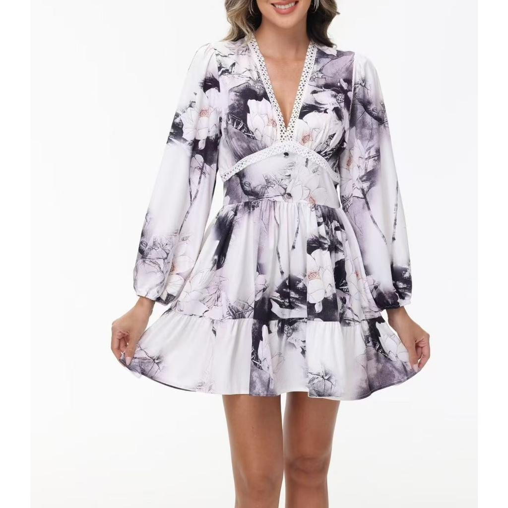 Spring New Women's Sweet Elegant Printed V-Neck Lace Short Mini Dress, European & American Style Casual Party Dress for Women