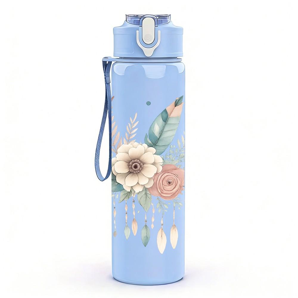 1PC Neutral Wildflower Bouquet 750ml Color Plastic Sports Water Bottle Leakproof Flip Straw Lid Suitable for Sports Office Home Use