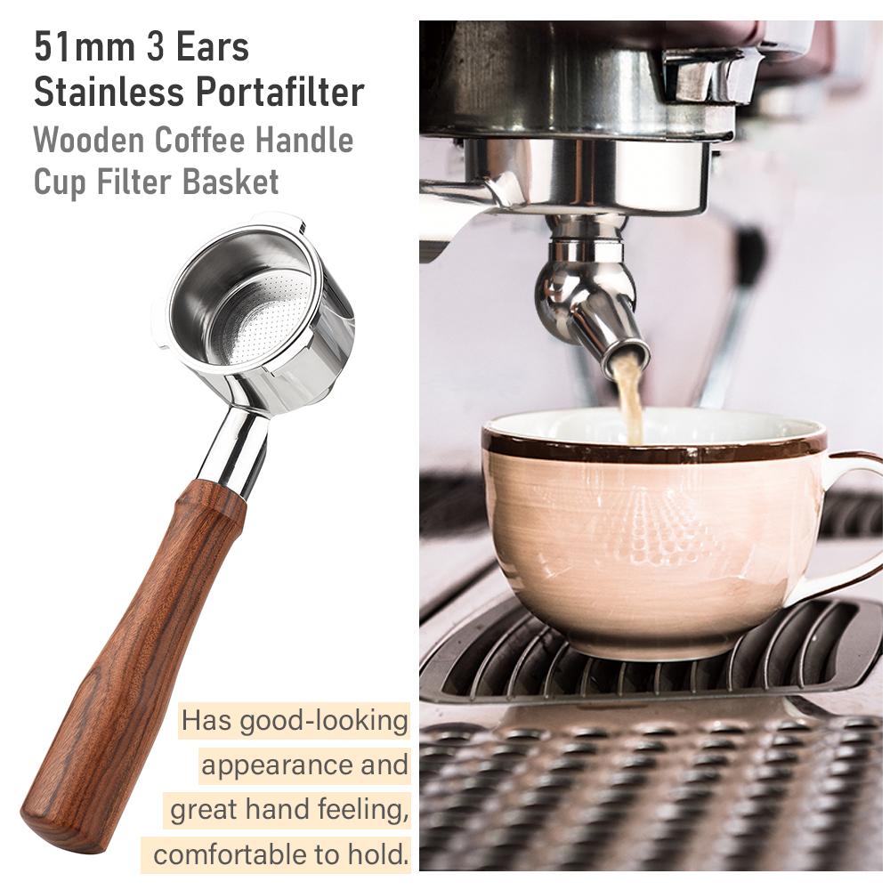 51mm 3 Ears Stainless Steel Portafilter Wooden Coffee Handle Cup Filter Basket Replacement for Donlim KF6001 Bear KFJ-A02N1 Petrus PE3690 Homix