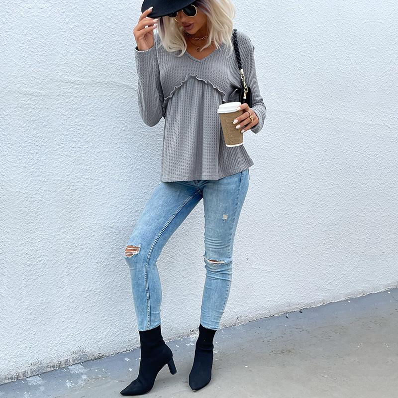 YYFS Dámská móda Ležérní jednobarevné pulovry s dlouhým rukávem a výstřihem do V a dlouhé rukávy