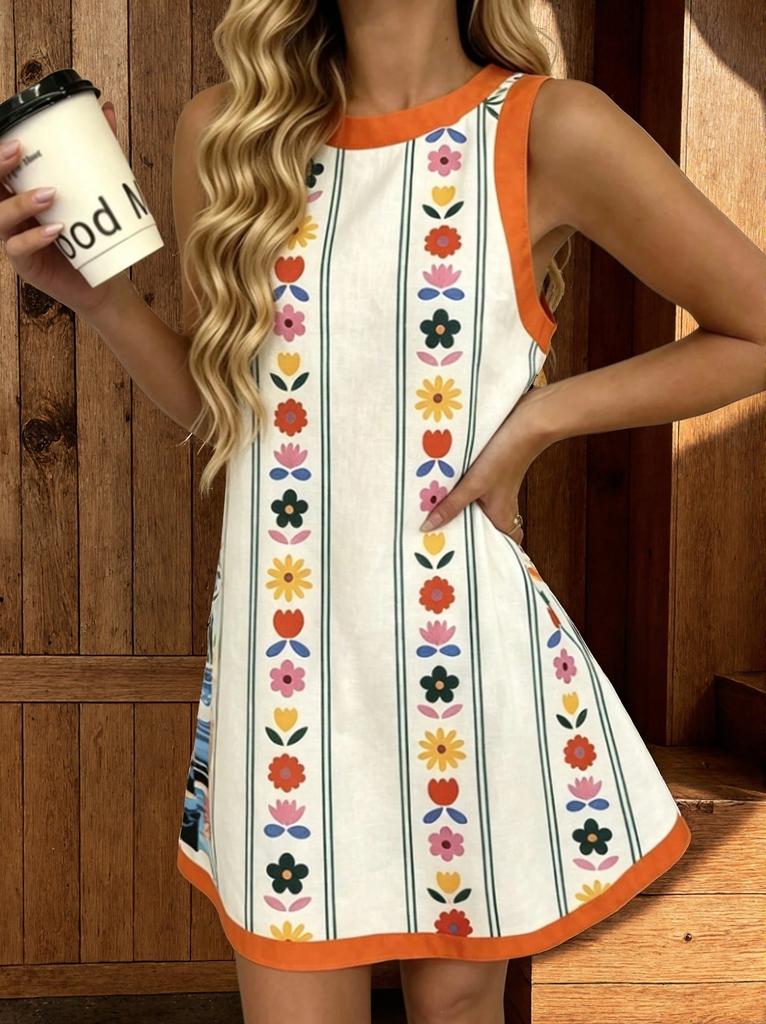 Summer Fashion Casual European and American Printed Crew Neck Vest Dress Women's Clothing Bamboo Hemp Comfortable Casual