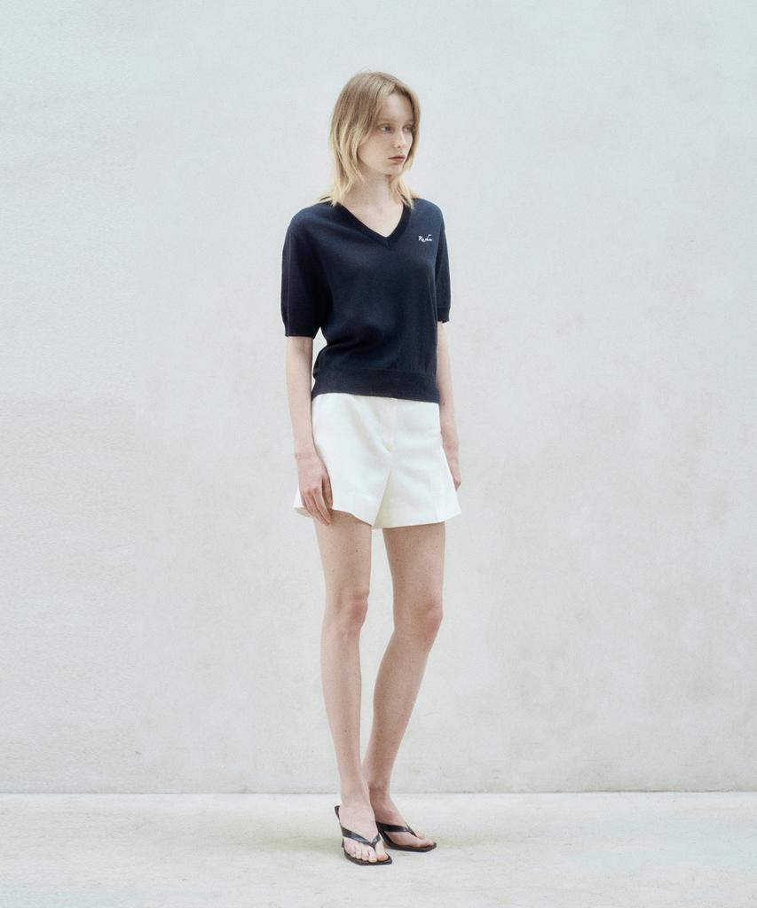 RE RHEE V Neck Logo Embroidered Knit Top Navy