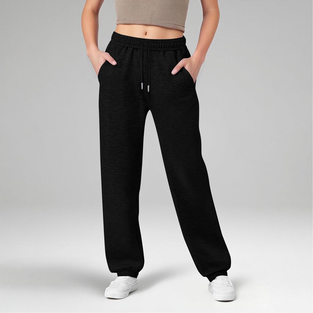 Women's Wide Leg Sports Pants Yoga Straight Mid-Rise Drawstring Elastic Low-Waist Clothing With Pockets