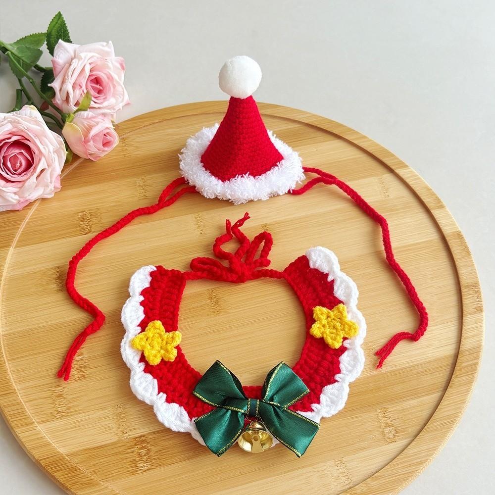 Red Bowknot Christmas Pet Neckwear Yarn Pet Holiday Bib Xmas Puppy Outfit Cat Santa Hat  New Year
