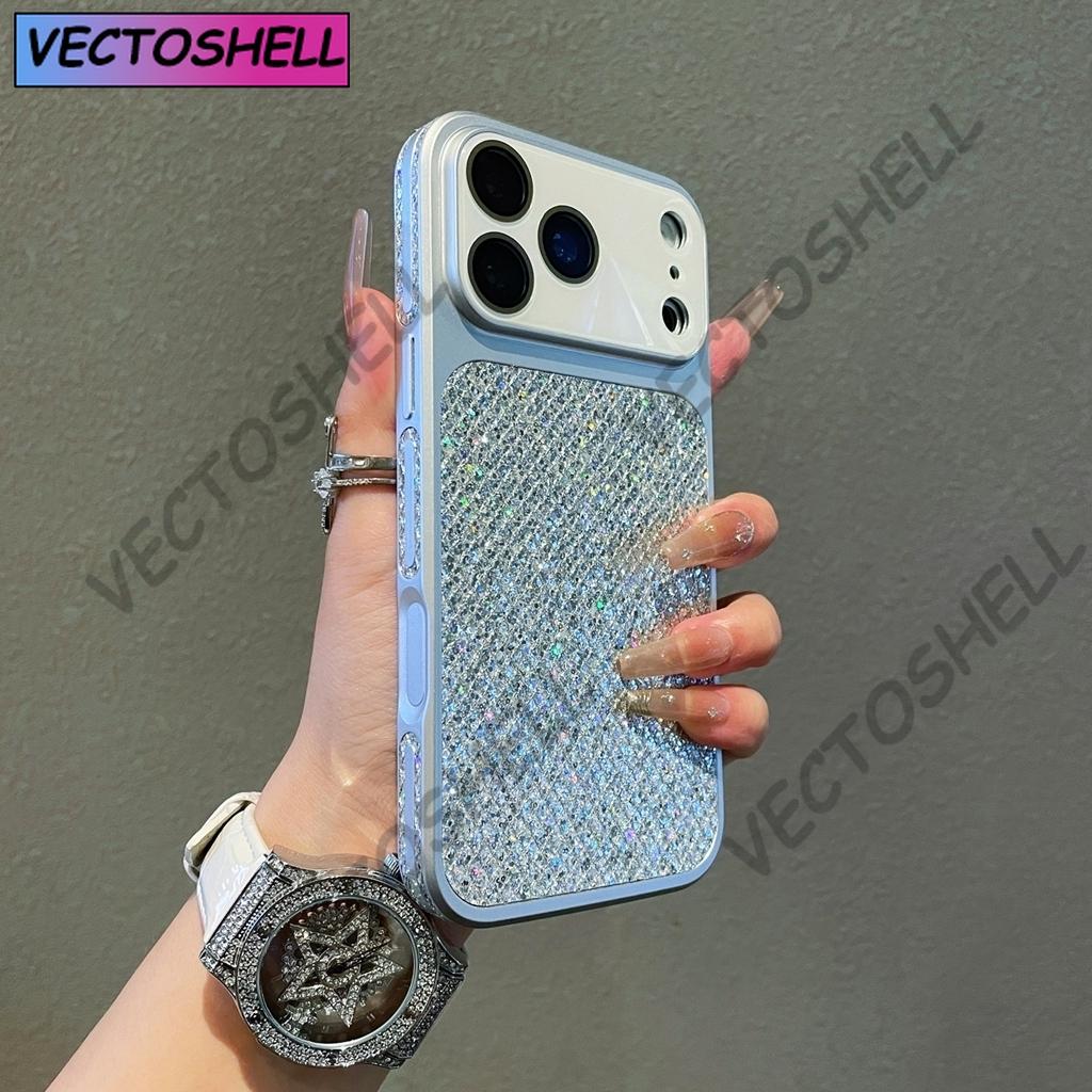 Fashion Blingbling Glitter Small Grid Pattern Window With Camera Glass Film Phone Cover Case for iPhone 17 16 15 14 13Pro Max