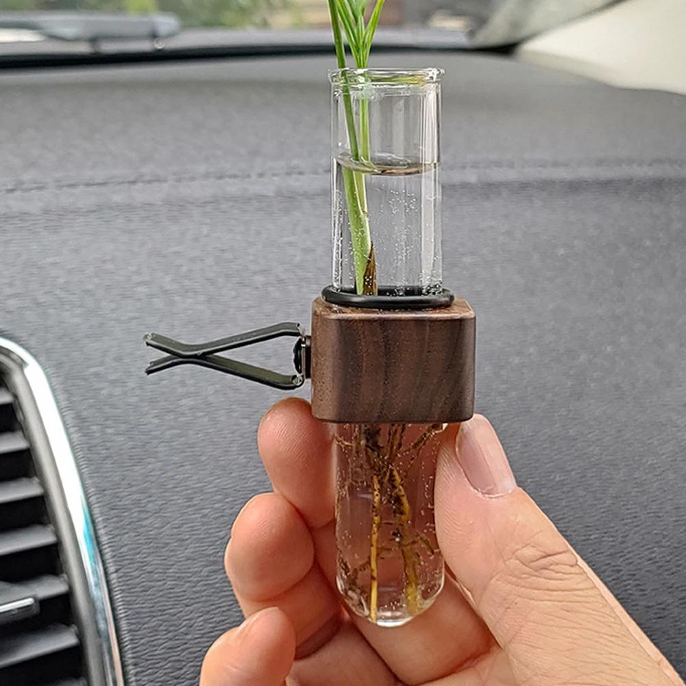 Stable Mini Car Flower Vase Clip Elegant Adjustable Car Vent Flower Vase Walnut and Glass Creative Car Vent Decor Dashboard