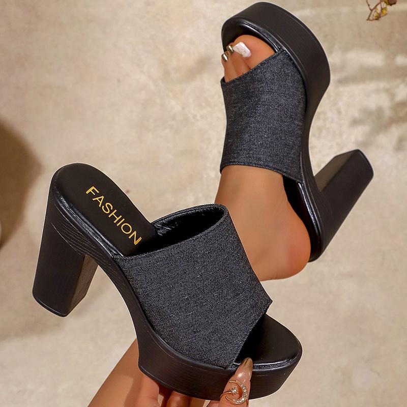 Blauwe Denim Hoge Hak Sandalen voor Dames Zomer Dik Platform Dikke Hakken Slippers Vrouw 43 Feest Schoenen 40 brown