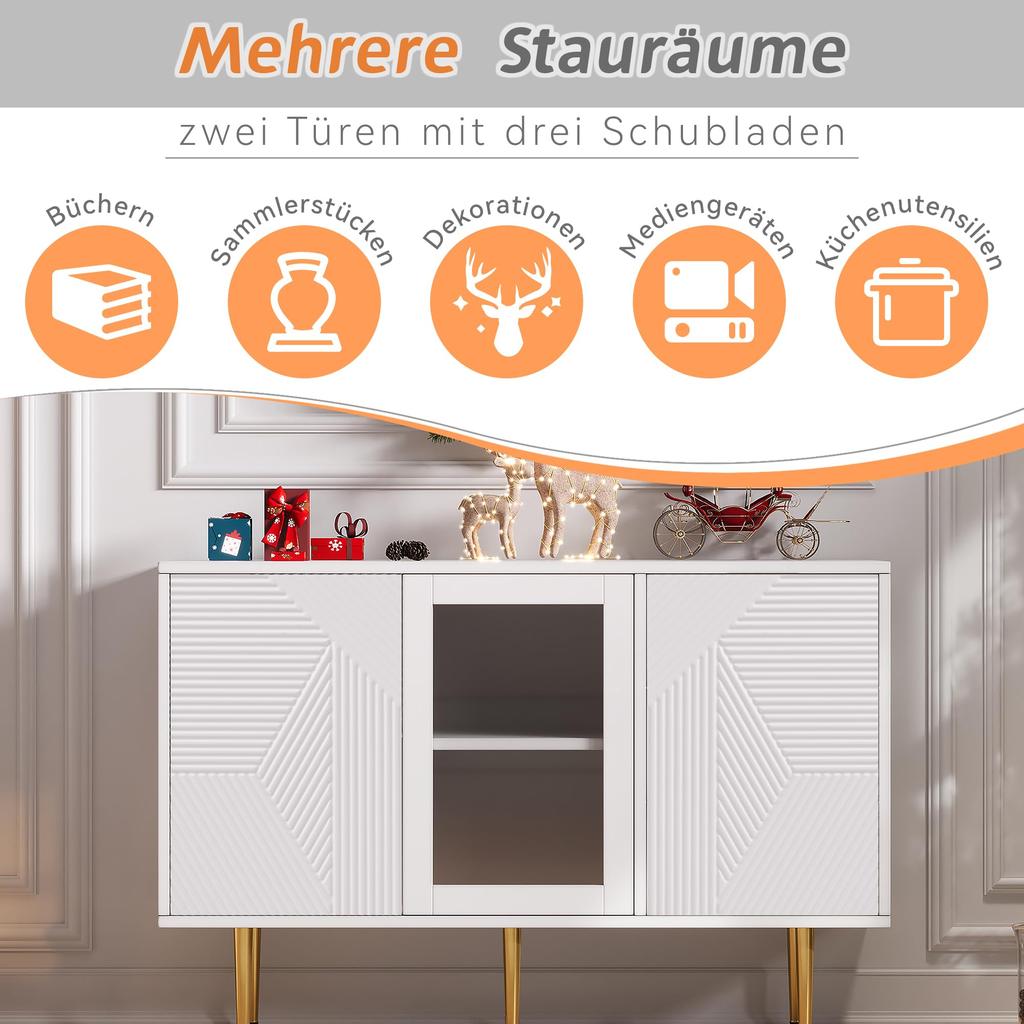 Sideboard mit 3 Türen, Kommode mit Glastür und Metalfüßen Buffetschrank für Esszimmer Wohnzimmer oder Flur, 120x38 x79.5 cm, Weiß