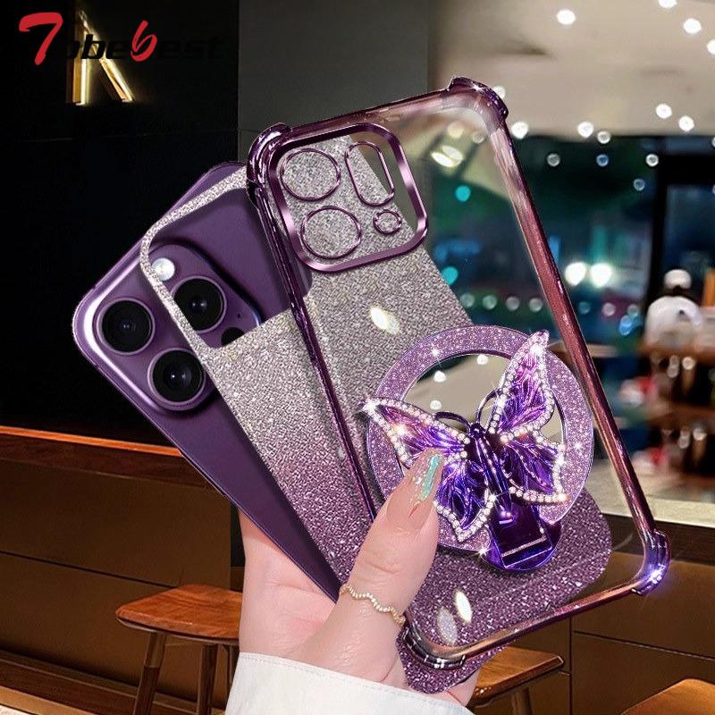 Glitter Butterfly Mirror Crystal Bracelet Case For OPPO Reno 14 13 12 11 10 Pro Plus Shockproof Plating Silicone Cover