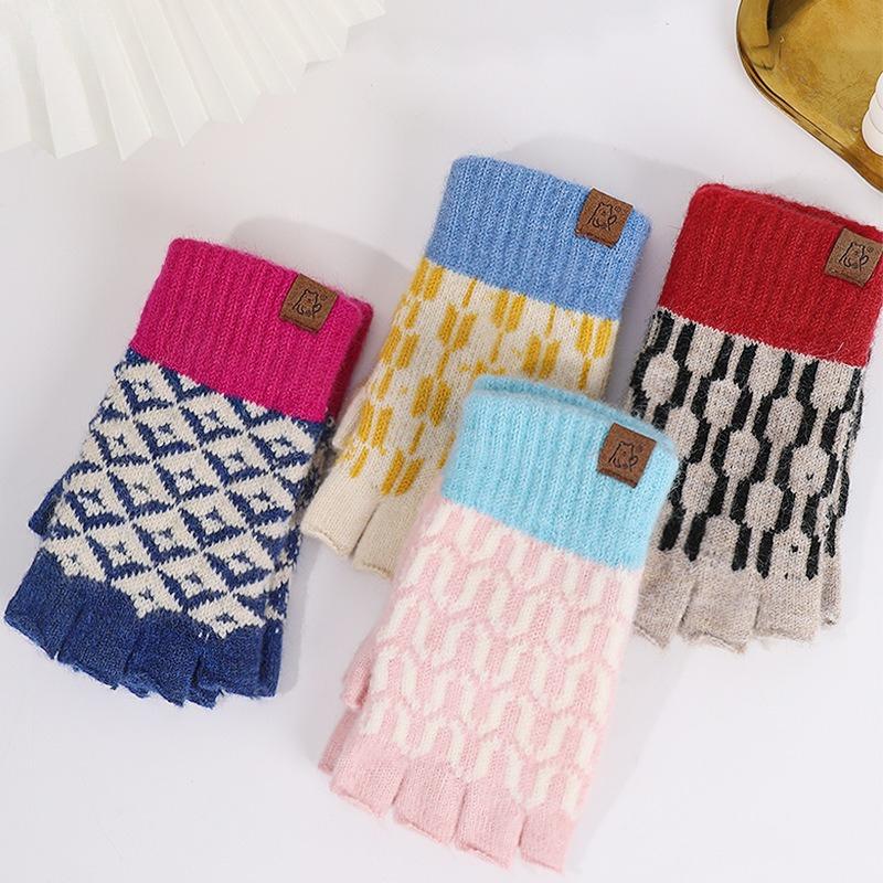 Winter Knitted Gloves, Japanese Style, Color-blocked Half-finger Gloves, Women's Student Warm Gloves, Versatile Fingerless Gloves