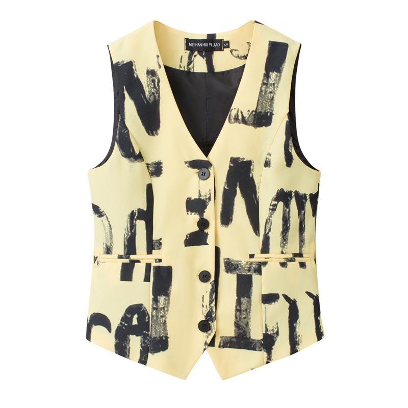 2025 Spring Elegant Collarless Single-Breasted Polyester Cardigan Vest with Pockets for Women - Commuter Style