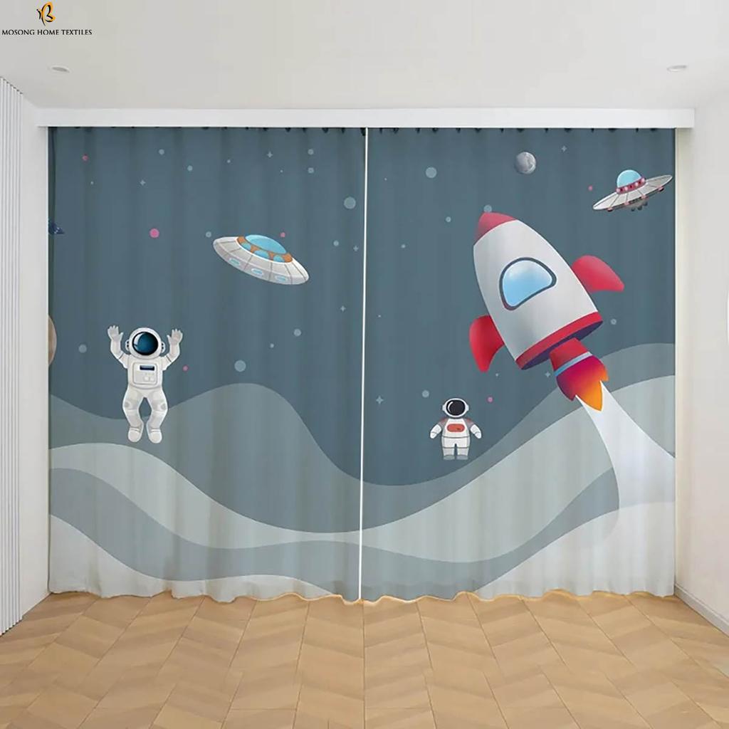 Cartoon Astronaut Printed Curtains Kids Children's Room Window Decoration Curtains Suitable For Bedroom Living Room Balcony
