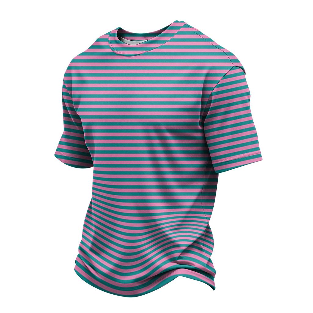 Men's Casual Quick-Dry Short Sleeve Shirt with Round Neck Lightweight Mesh and Striped Design