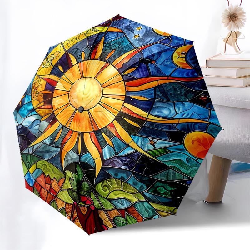 

1pc Stained Glass Sun Design Automatic Opening Folding Umbrella with 8-Bone Iron Frame - Portable Outdoor Umbrella for Fans, Travelers, Daily Use, and