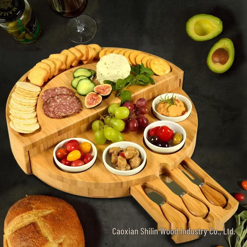 Bamboo & Wood Cheese Cutting Board Set with Drawer: Round Pizza Board & Bread Pastry Plate