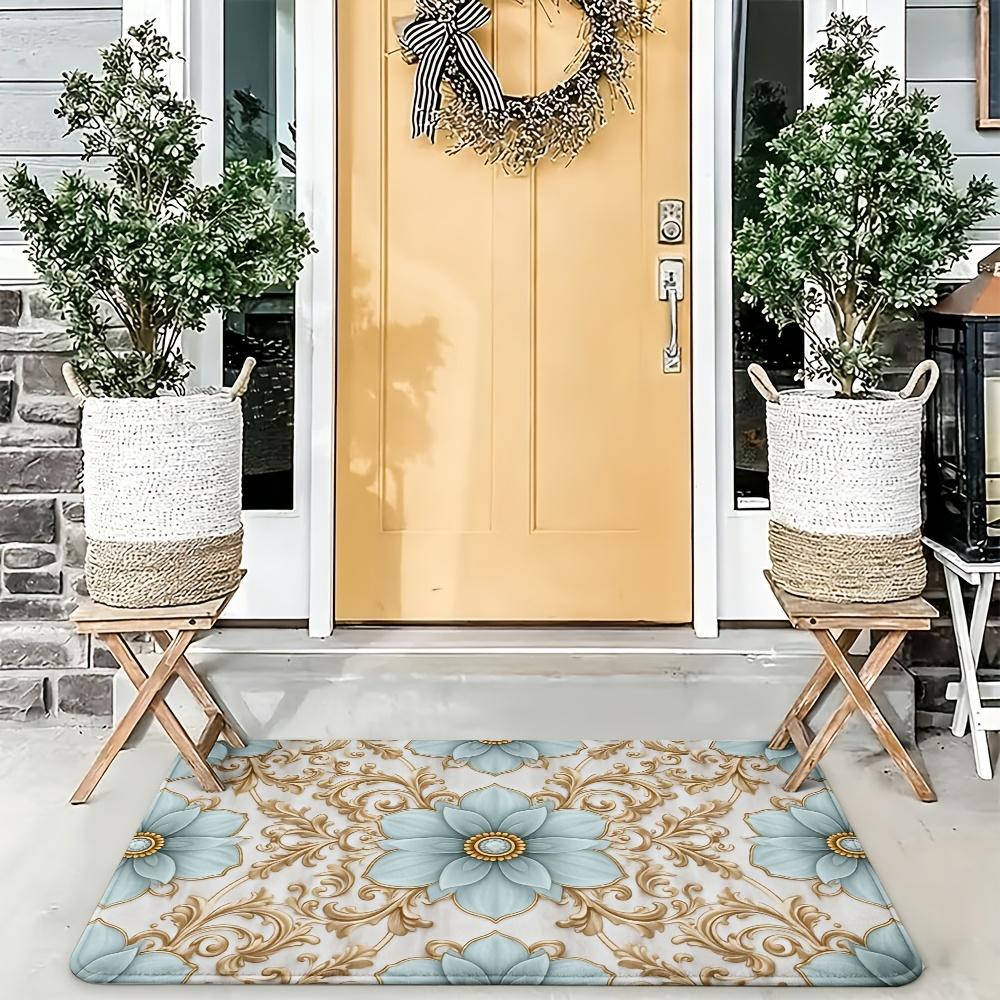Beautiful Blue Floral Design Doormat for Home Decor Entryway Mat Luxury Cottage Chic Porch Entrance Rug 40x60cm Indoor Outdoor M