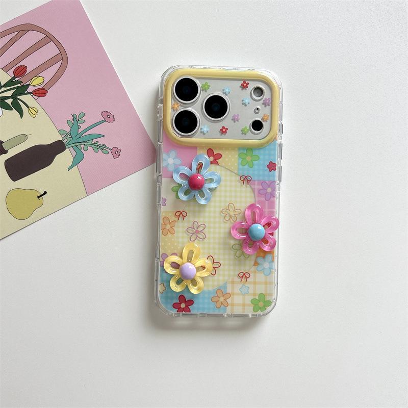 Niche Plaid Color Block 3D Floral Case for iPhone 17, 16 Pro Max, 15, 14