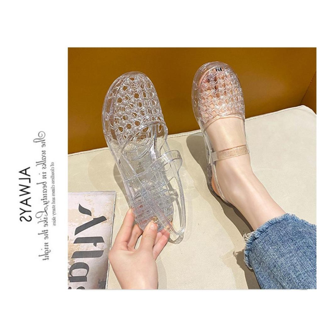 Gemstone Sparkling Jelly Mary Jane Shoes, Transparent Woven Hollow Flat Shoes, Waterproof and Non Slip, Cute Beach Pool Vacation Cooldown