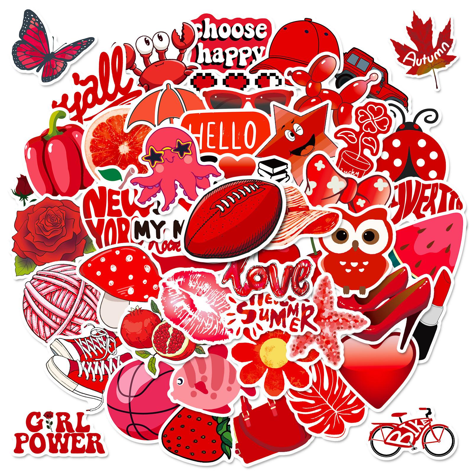 

Pick Up Leaks! 50 Red Mix And Match Stickers Vsco Red Small Fresh Stickers Cute Cartoon Personalized Luggage