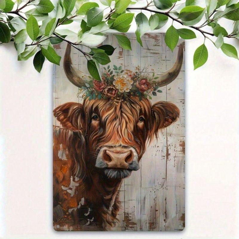 Planetjuice Planetjuice Metal Wall Art Vintage Highland Cow with Floral Wreath Poster for Living Room