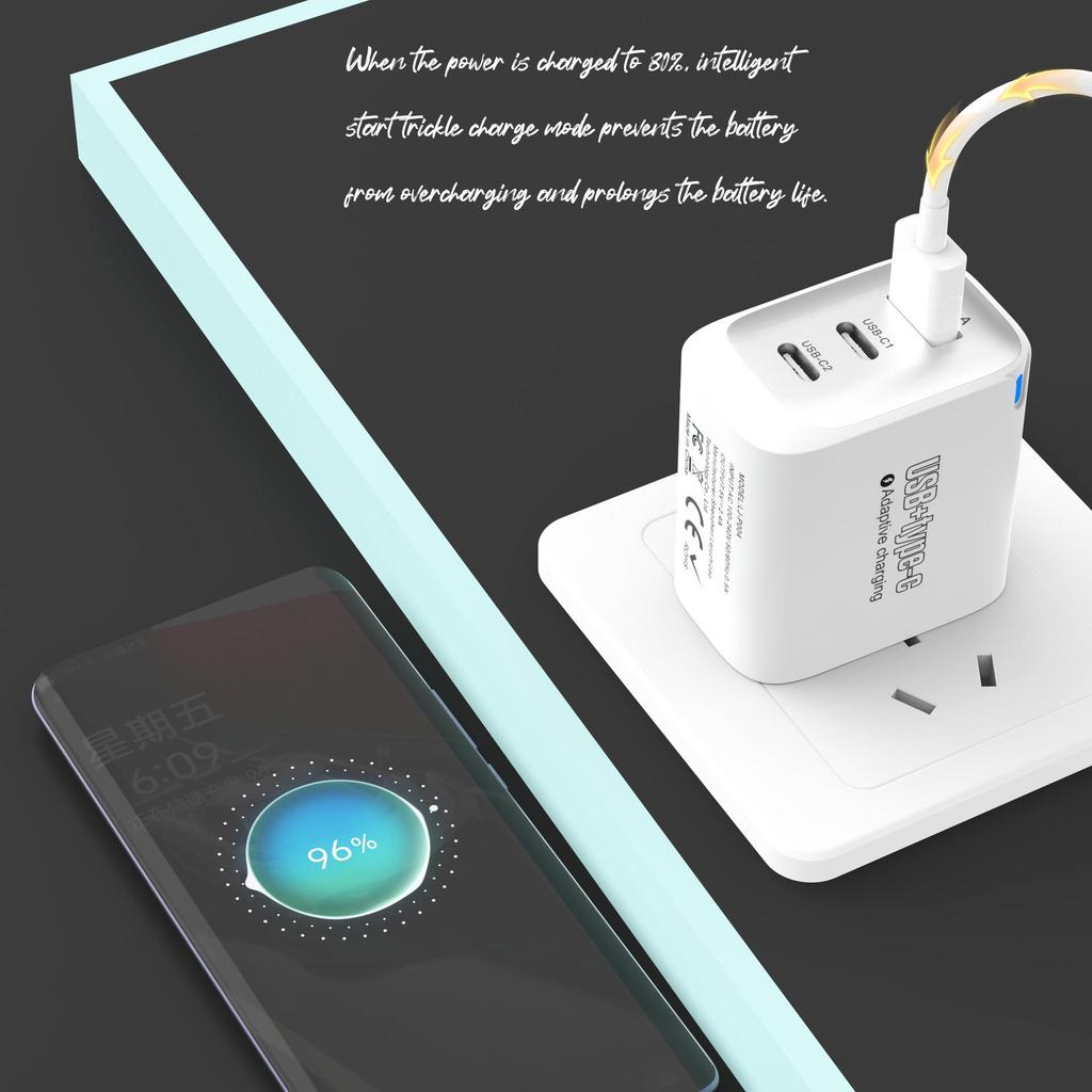Certified Multi-Port Charger with 1 USB + 2 Type-C Ports for Mobile Phones
