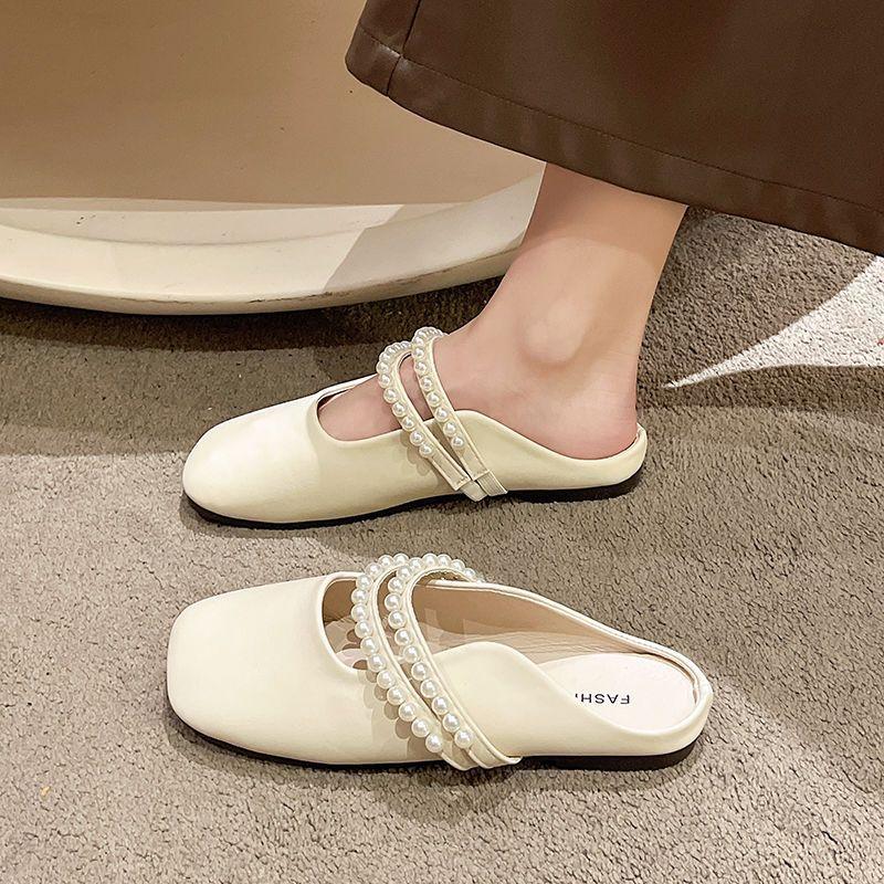 Fashion versatile pearl flat bottom gentle fairy style single shoes trendy soft sole bag head half slippers female 2025 autumn new