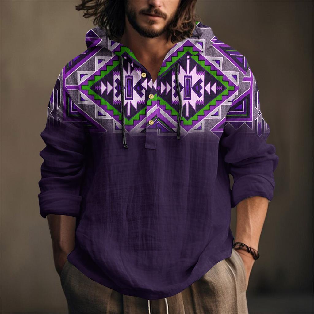 Printed Men's Cotton And Linen Shirt Hooded Long-sleeved Hooded Spring And Summer Casual Daily Wear