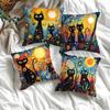 4PC Colorful Floral Black Cat Painting Style Single-Sided Printed Cushion Cover - Pillowcase (Insert Not Included)