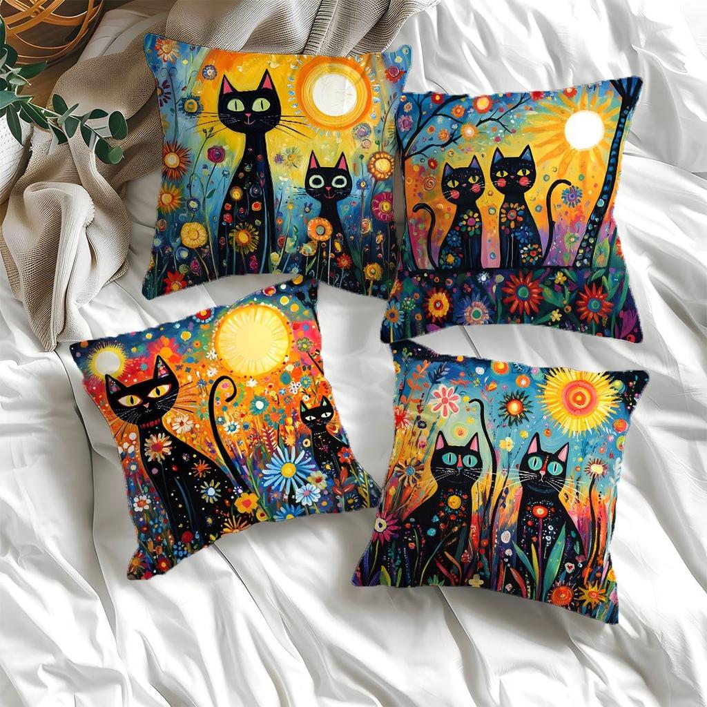 4PC Colorful Floral Black Cat Painting Style Single-Sided Printed Cushion Cover - Pillowcase (Insert Not Included)