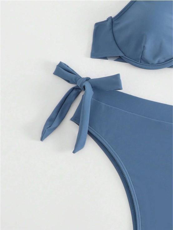 2024 Bikini Split Monocrom cu Talie Înaltă cu Sârmă și Push-Up pentru Femei