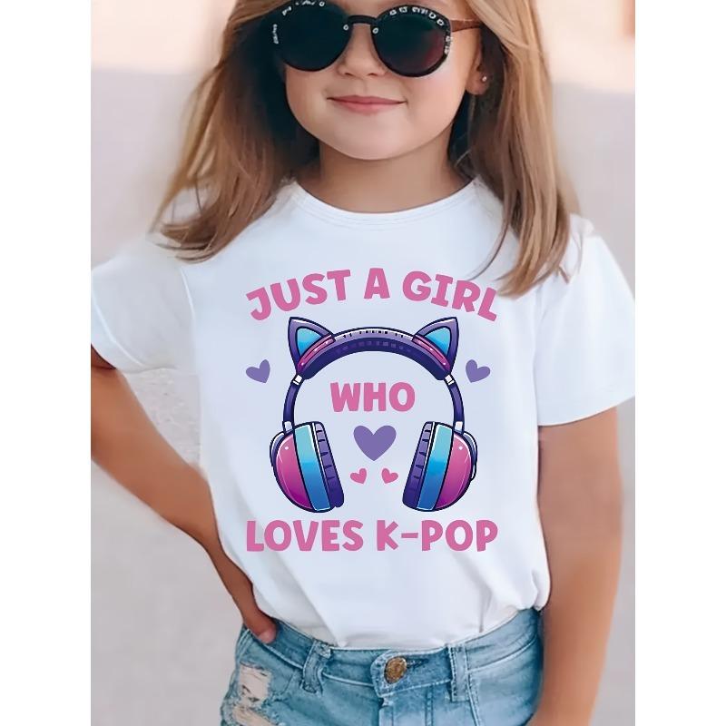 Rozmiary europejskie Dziewczęca koszulka „Po prostu dziewczyna, która kocha K-POP” | Casualowy top z okrągłym dekoltem na wiosnę i lato, na koncerty i do noszenia na co dzień - Przystępna cenowo marka Casual dla fanów